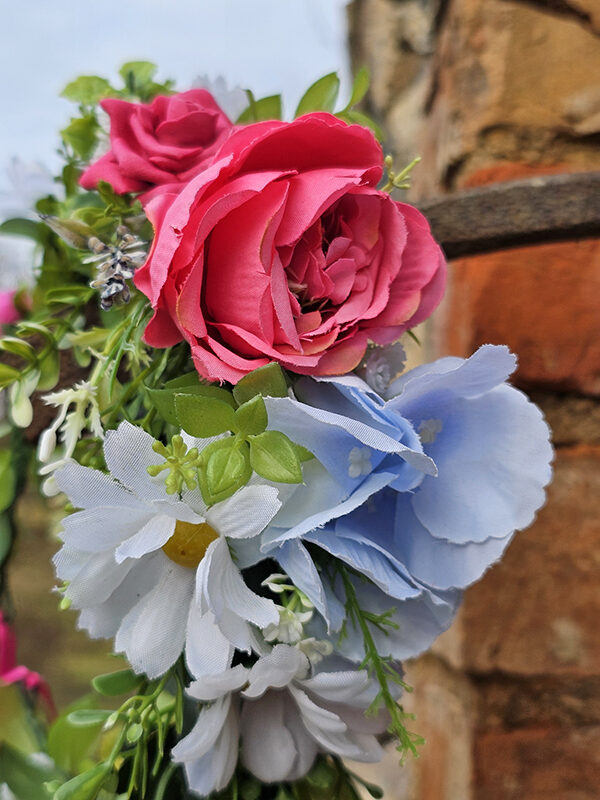 Artificial flower hair wreath for little girls - white, bright pink and light blue 