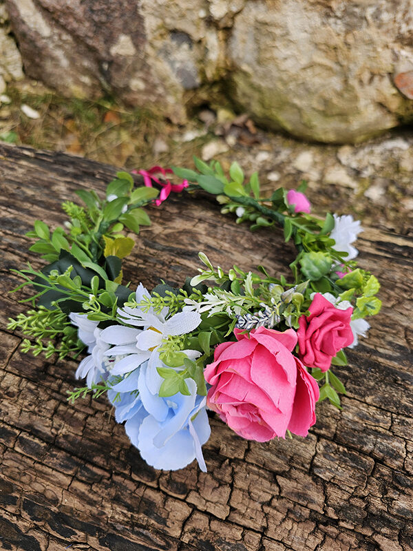 Artificial flower hair wreath for little girls - white, bright pink and light blue 