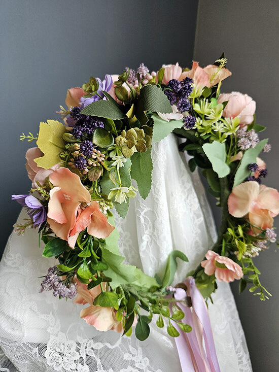 Artificial flower hair wreath - salmon pink with purple