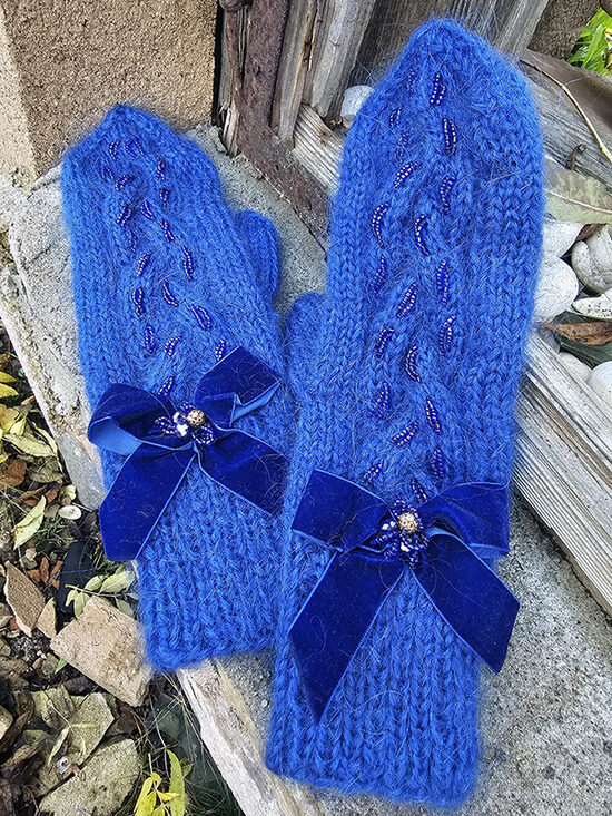 Knitted mittens with braids and beads - bright blue
