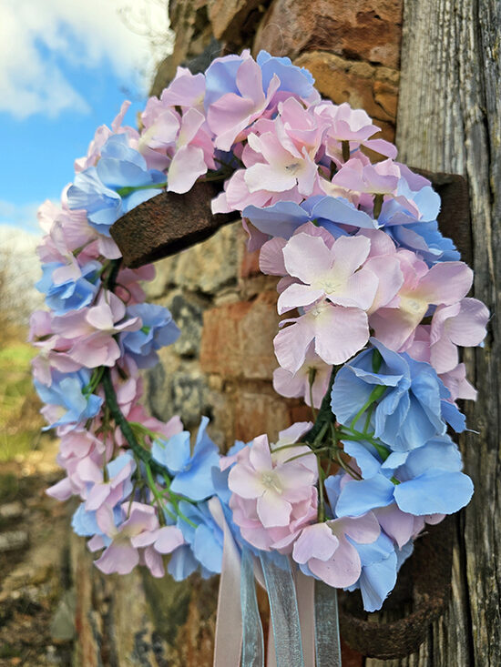 Artificial flower hair wreath for little girls - pink and blue with hydrangeas