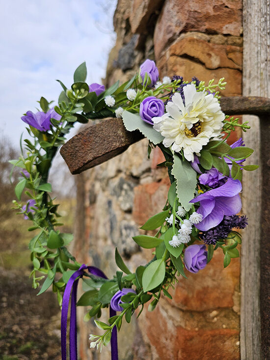 Artificial flower hair wreath for little girls - purple with milk white 