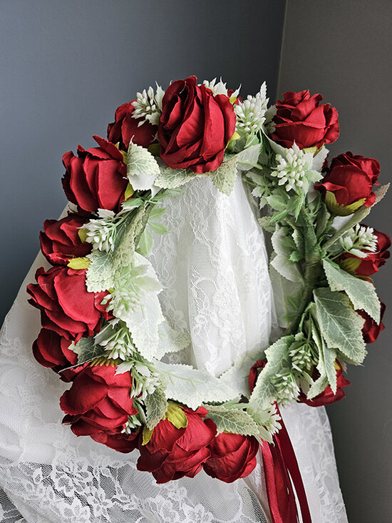  Artificial flower hair wreath - red with roses and green