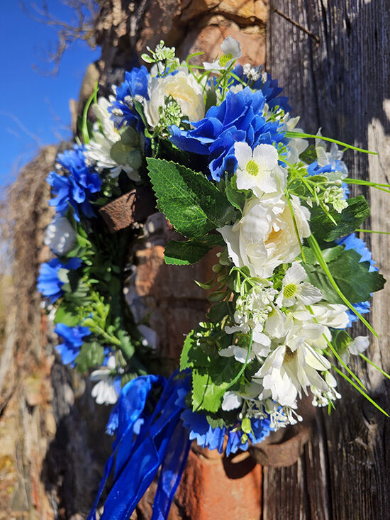 Artificial flower hair wreath - with blue cornflowers and white flowers