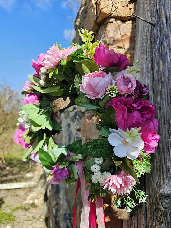 Artificial flower hair wreath - bright pink with peonies and roses