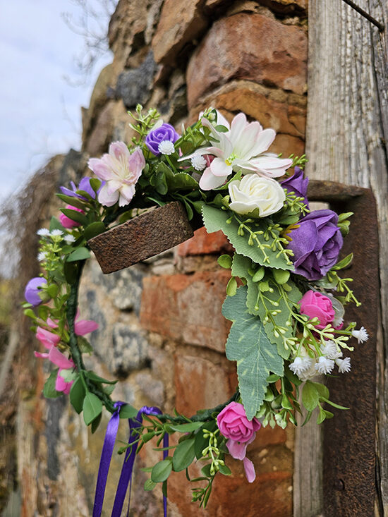 Artificial flower hair wreath for little girls - purple, pink and white 