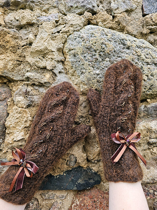 Knitted mittens with braids and beads - brown