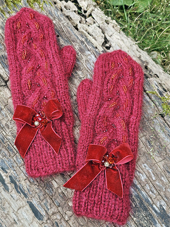Knitted mittens with braids and beads - burgundy red