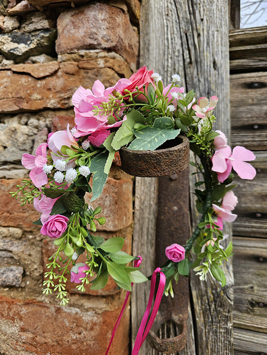 Artificial flower hair wreath for little girls - pink with roses and hydrangeas