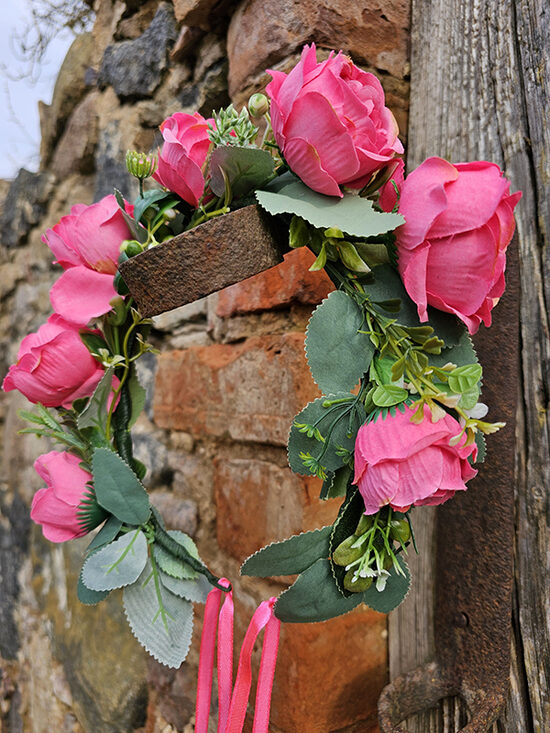 Artificial flower hair wreath for little girls - bright pink with roses 