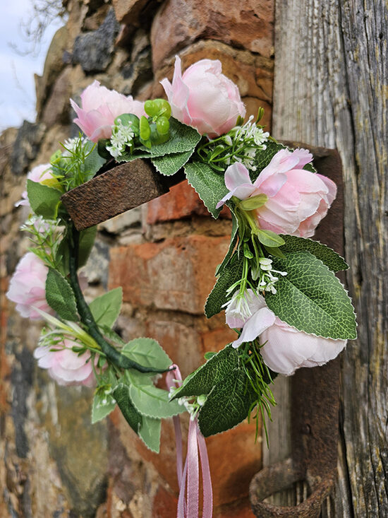 Artificial flower hair wreath for little girls - light pink with peonies 