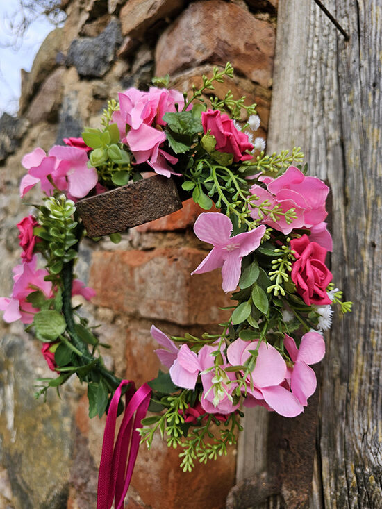 Artificial flower hair wreath for little girls - pink with hydrangeas and bright pink roses