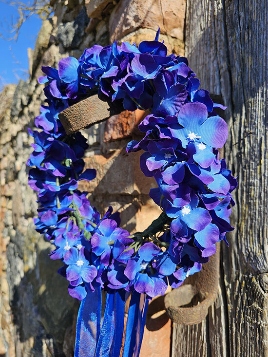 Artificial flower hair wreath for little girls - bright blue with hydrangeas