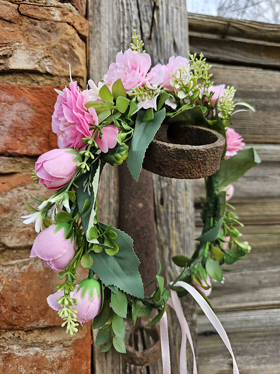 Artificial flower hair wreath for little girls - pink with peonies 