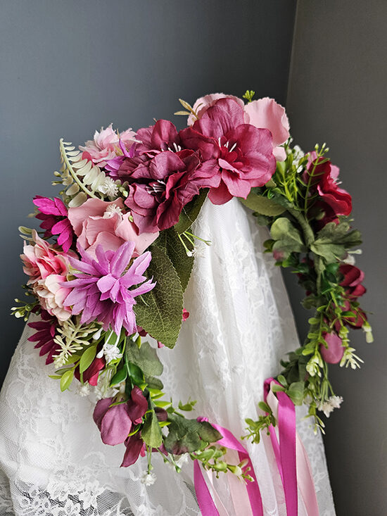 Artificial flower hair wreath - bright pink