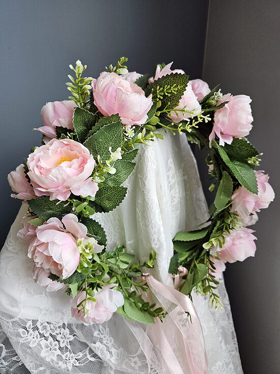 Artificial flower hair wreath - pink with roses
