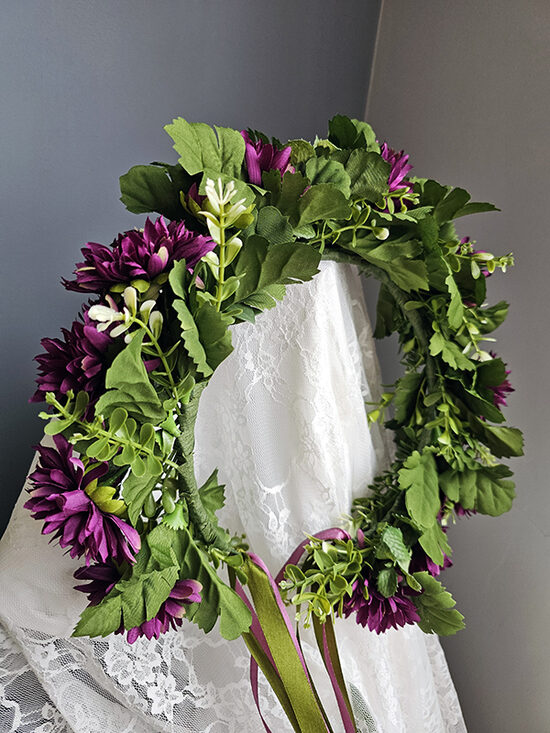 Artificial flower hair wreath - dark purple