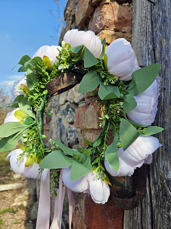 Artificial flower hair wreath - light pink with peonies