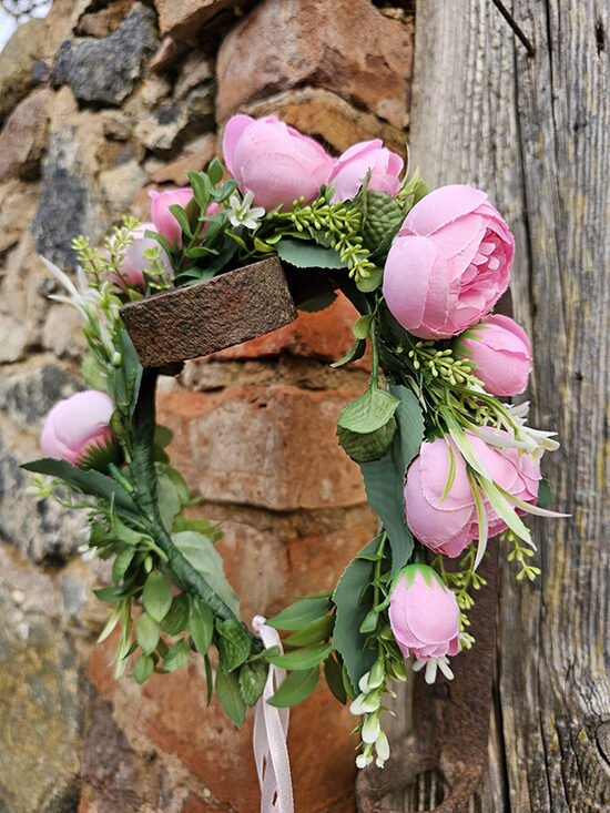 Artificial flower hair wreath for little girls - pink with roses 