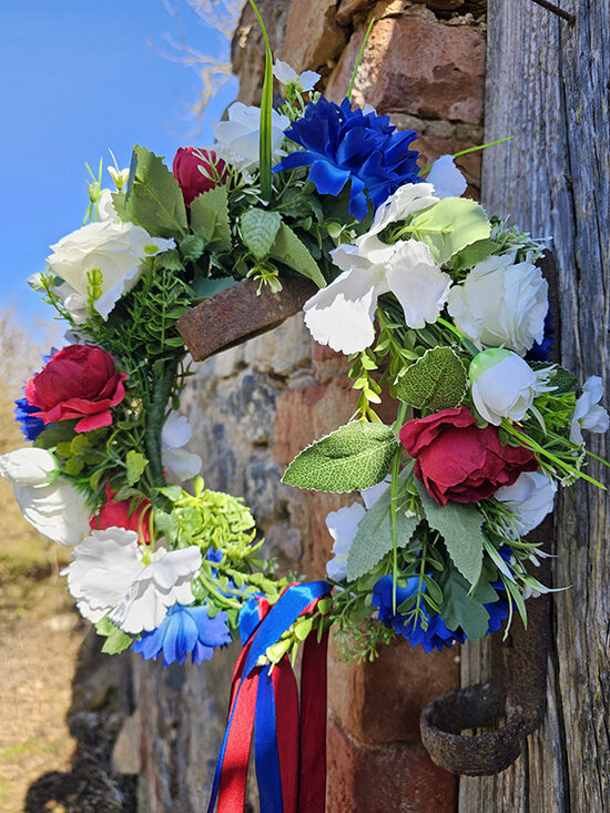 Artificial flower hair wreath - with blue cornflowers, white and red flowers 