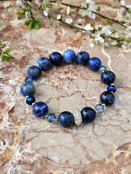 Natural stone bead bracelet - blue with silver color elements