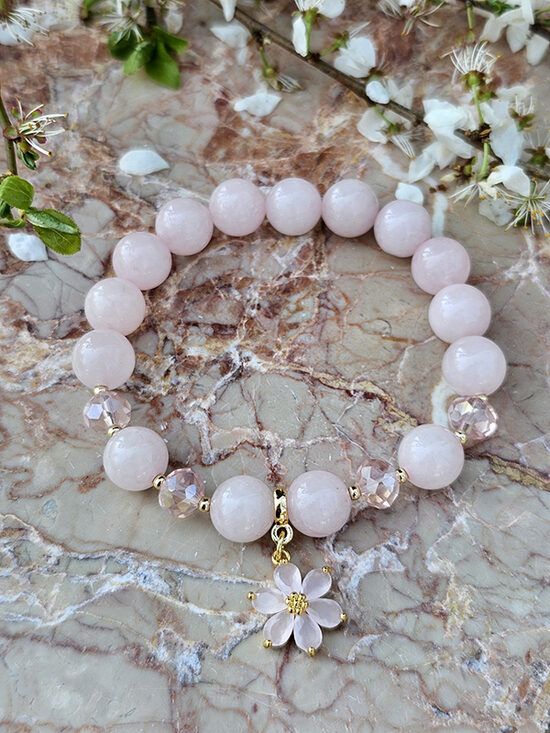 Natural stone bead bracelet - pink with gold color elements and flower pendant 