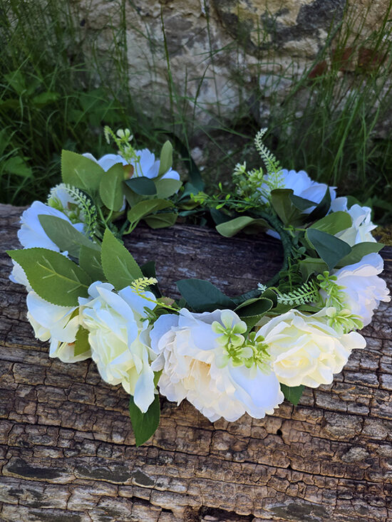 Artificial flower hair wreath - white with large roses and peonies 