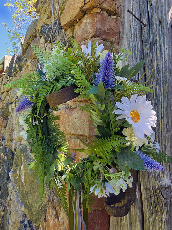 Artificial flower hair wreath - white and purple with daisies and greenery