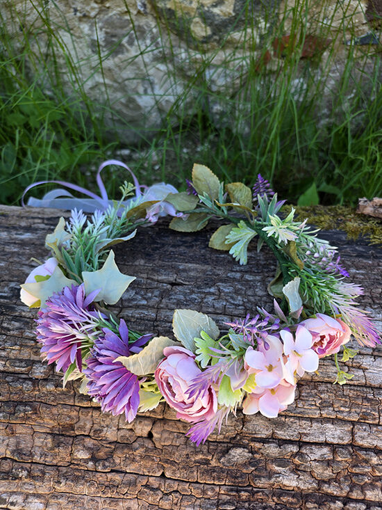 Artificial flower hair wreath - light purple with greenery