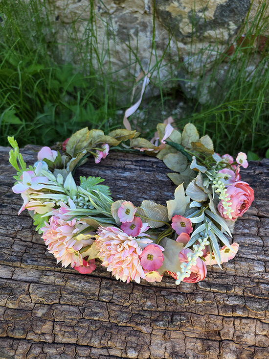 Artificial flower hair wreath - salmon pink 