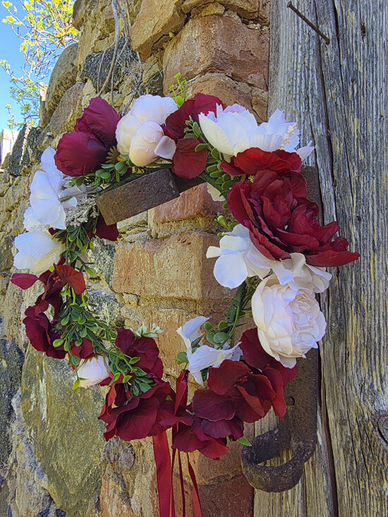 Artificial flower hair wreath - red and white with peony and hydrangea