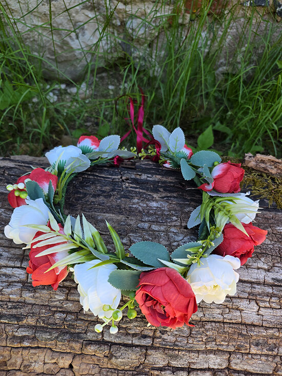 Artificial flower hair wreath - with red and white roses 
