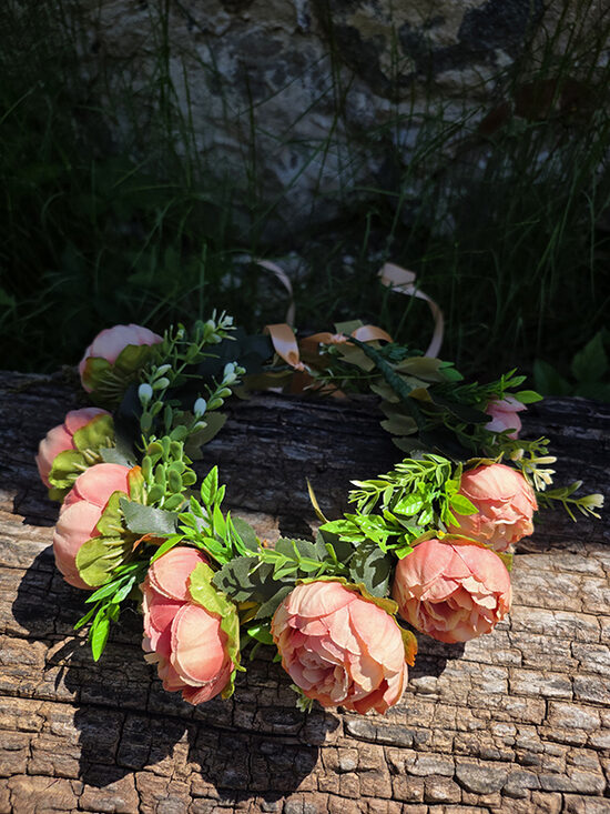 Artificial flower hair wreath - salmon colour with roses 