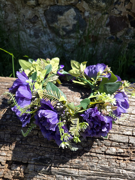 Artificial flower hair wreath - dark purple