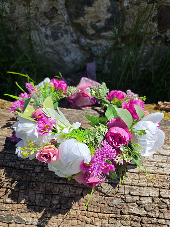 Artificial flower hair wreath - bright pink and white with peonies and roses