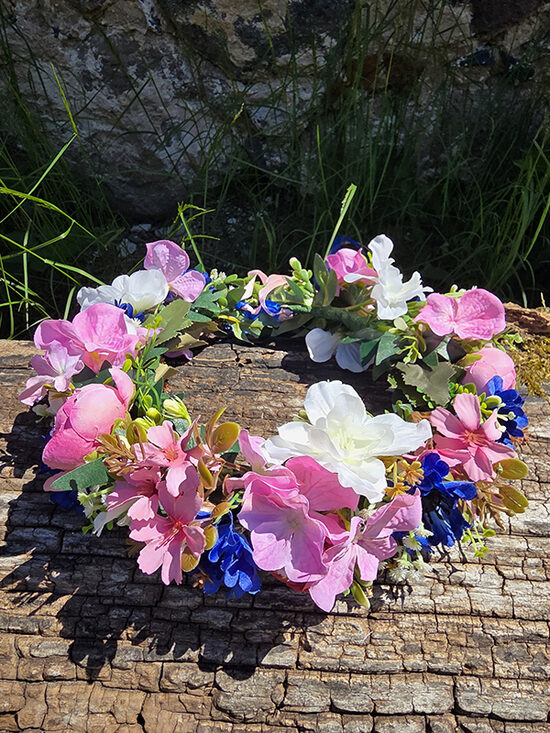 Artificial flower hair wreath - pink with cornflowers, hydrangeas and roses