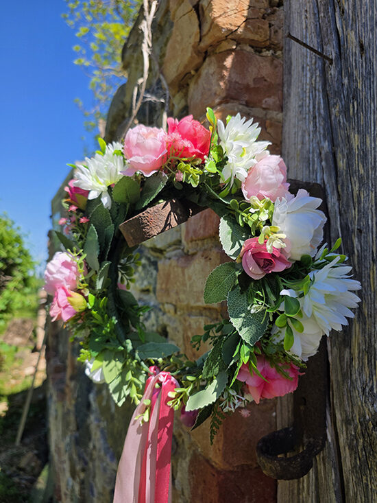 Artificial flower hair wreath - white and pink with peonies
