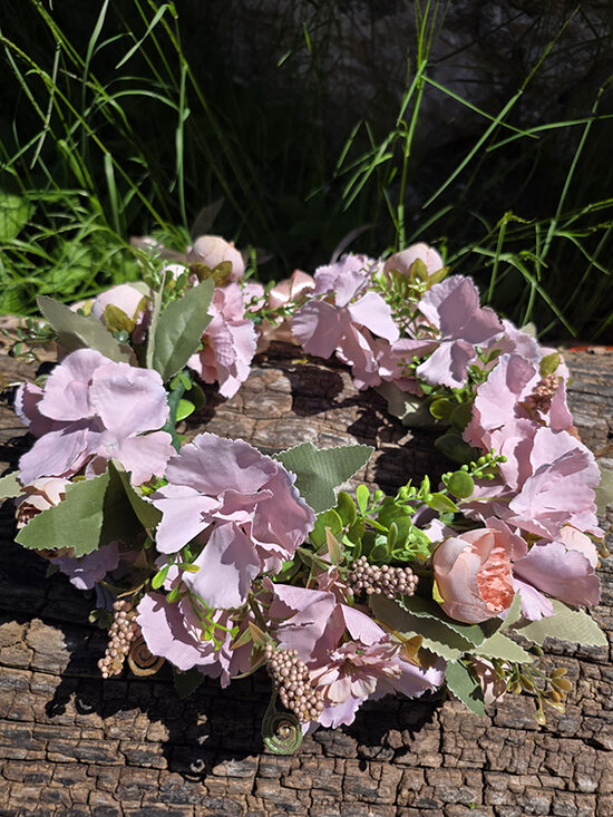 Artificial flower hair wreath - light pink with hydrangeas and roses