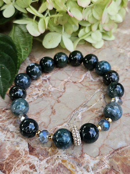 Natural stone bead bracelet - dark green with gold color elements 