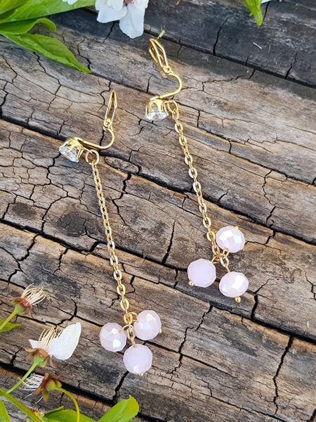 Dangling earrings - clips from glass beads - light pink with crystals