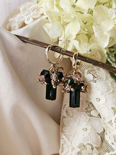 Glass bead earrings with huggie clasp - black with gold colour fitting 