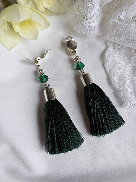 Clip earrings with tassel - dark blue with silver colour fitting 