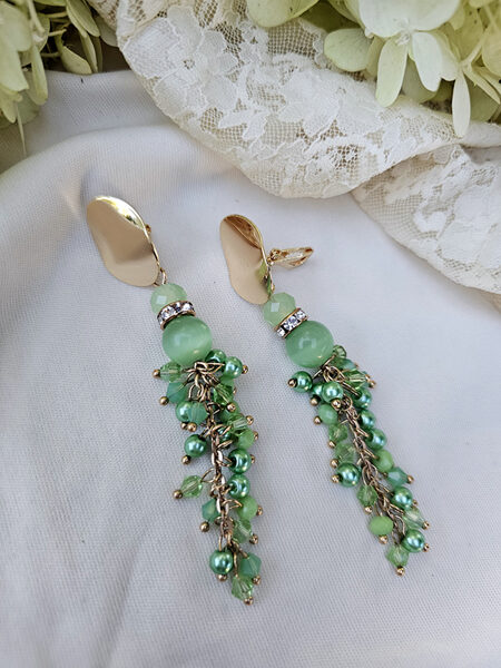 Dangling earrings - clips from stone and glass beads - green 