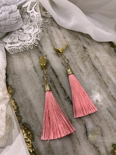 Clip earrings with tassel - coral colour with gold colour fitting 
