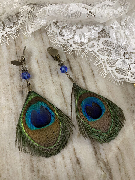 Clip earrings with peacock feathers with bronze colour fitting 