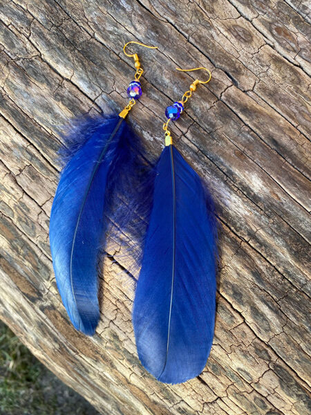 Feather earrings with hooks - dark blue with gold colour fitting 