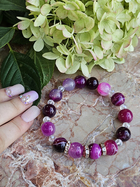 Natural stone bead bracelet - bright pink with gold color elements 