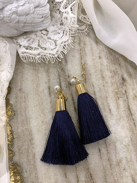 Clip earrings with tassel - dark blue with gold colour fitting 