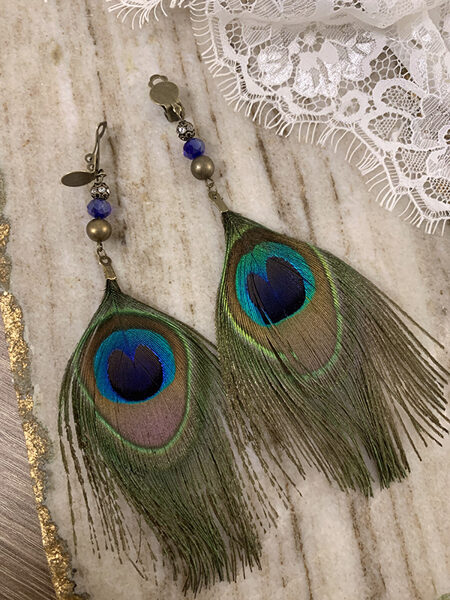 Clip earrings with peacock feathers with bronze colour fitting (large feather size) 