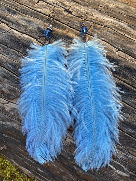Feather earrings with hooks - light blue with copper colour fitting 